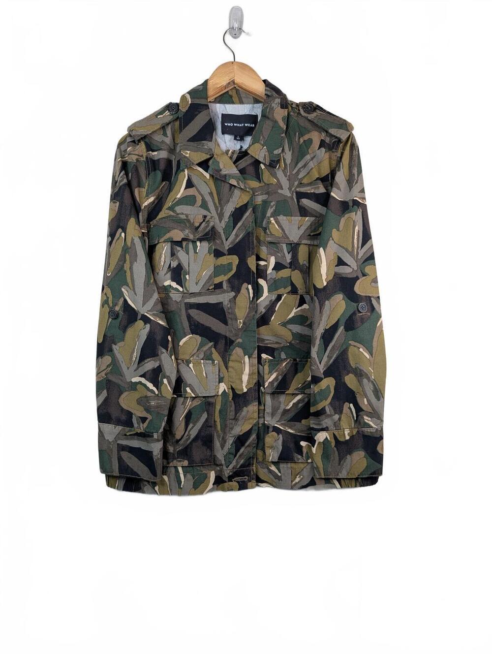 NWT Who What Wear Green + Brown Abstract Leaf Print Utility Jacket Size L